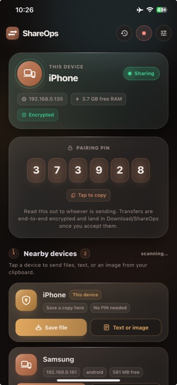 ShareOps sharing screen with pairing PIN